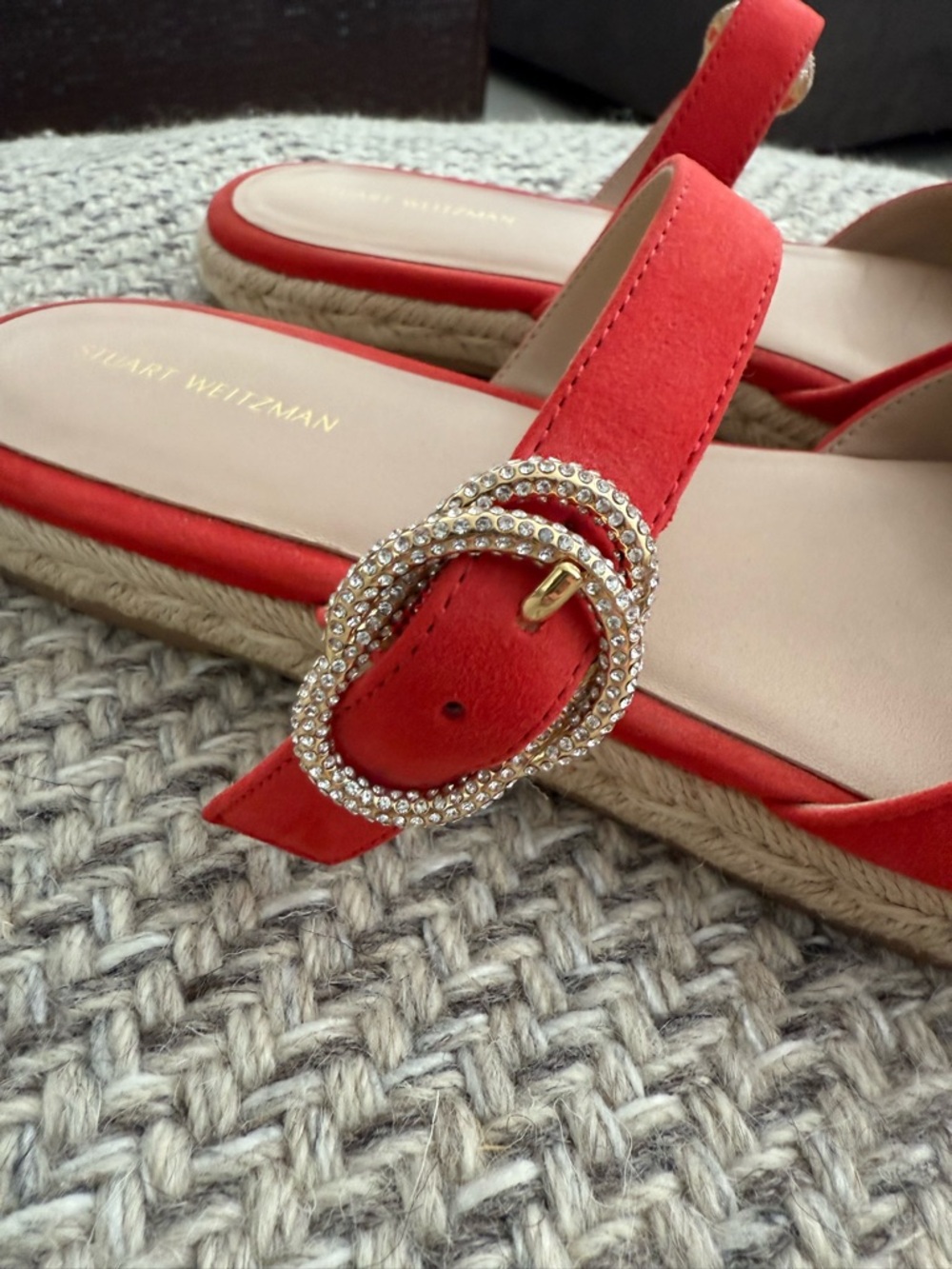 Stuart Weitzman Red Suede Crystal Buckle Espadrille Mule Size 9 - Picture 2 of 8